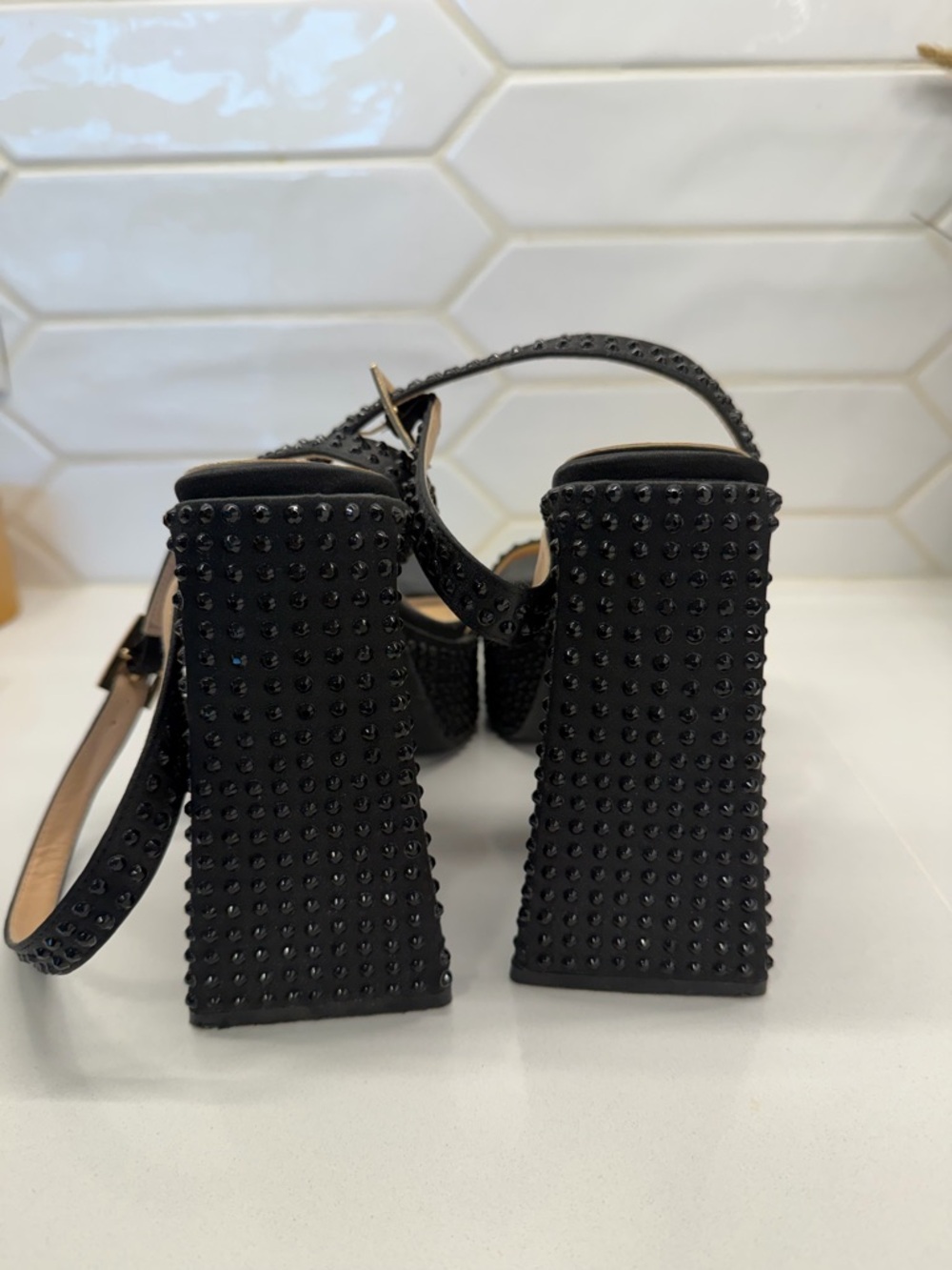 Black Rhinestone Platform Block Heels - Picture 5 of 6